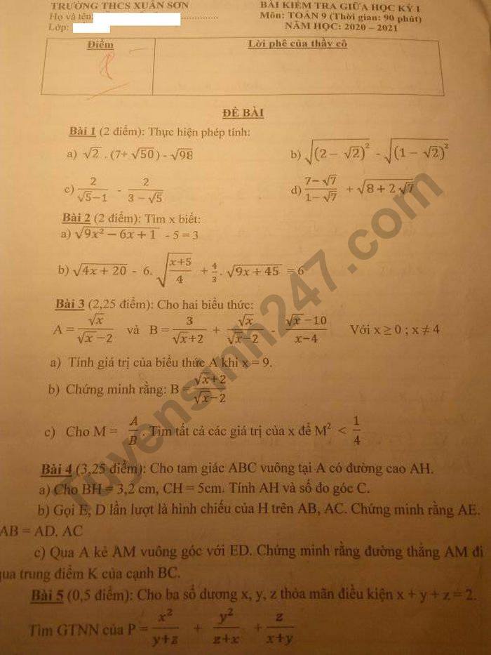 De kiem tra giua HK1 nam 2020 THCS Xuan Son mon Toan lop 9