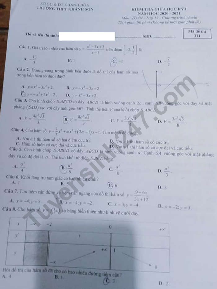 De kiem tra giua HK1 nam 2020 mon Toan lop 12 - THPT Khanh Son