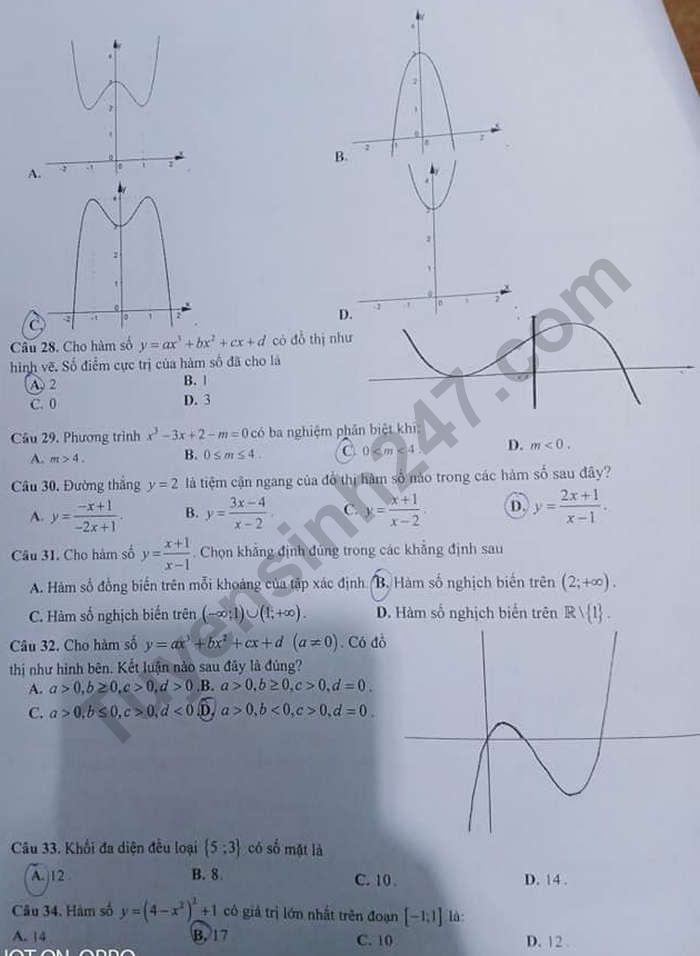 De kiem tra giua HK1 nam 2020 mon Toan lop 12 - THPT Khanh Son