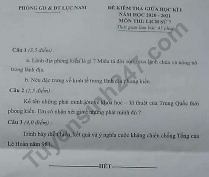 De kiem tra giua HK1 nam 2020 Phong GD Luc Nam mon Su lop 7