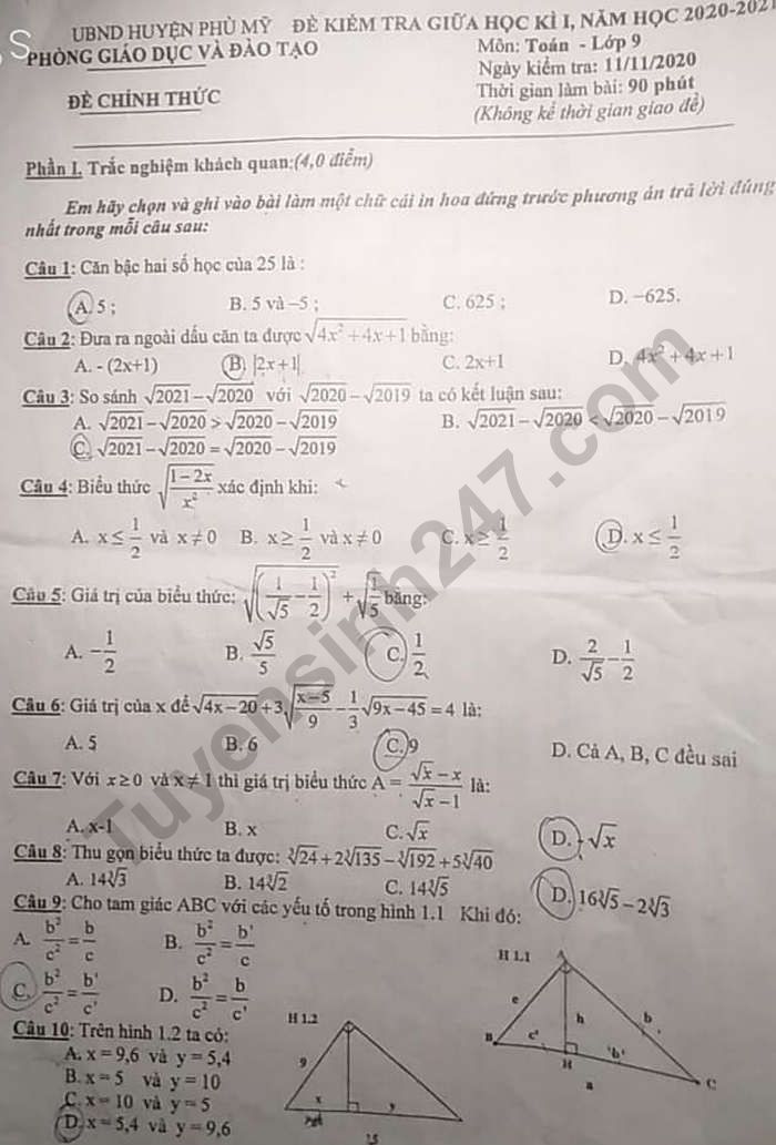 De kiem tra giua HK1 huyen Phu My 2020 mon Toan lop 9
