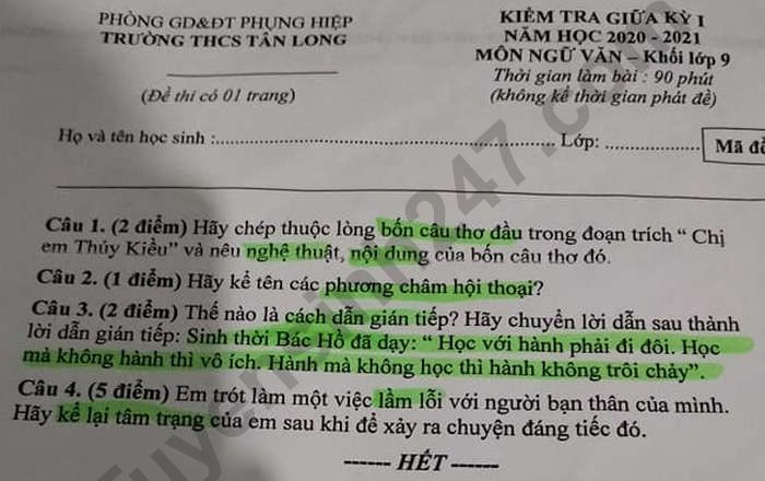 De kiem tra giua ki 1 lop 9 mon Van THCS Tan Long nam 2020
