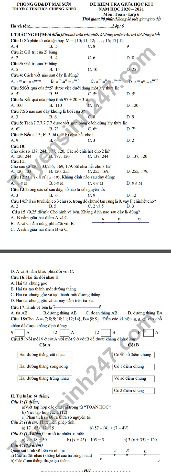 De kiem tra giua HK1 2020 TH&THCS Chieng Kheo Toan lop 6