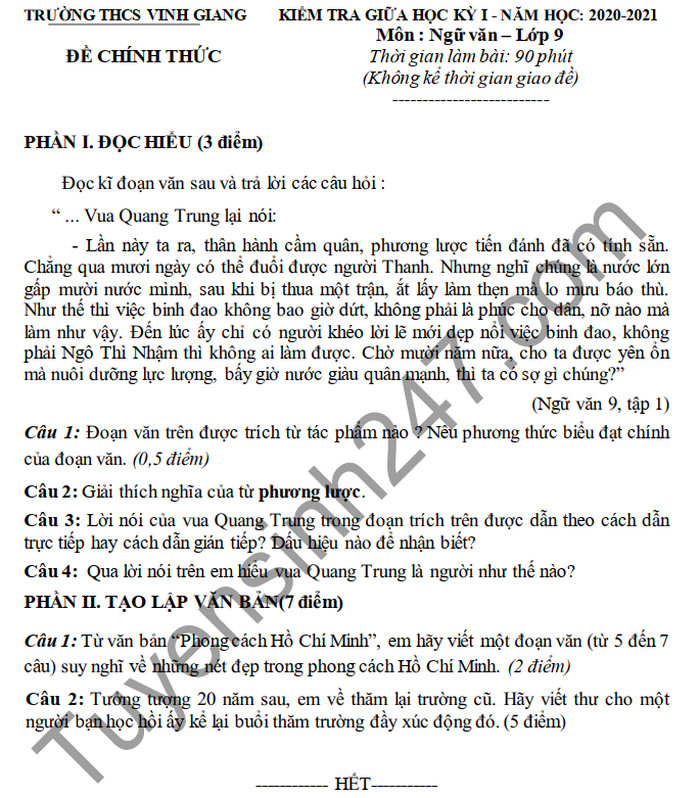 De kiem tra giua HK1 nam 2020 THCS Vinh Giang mon Van lop 9
