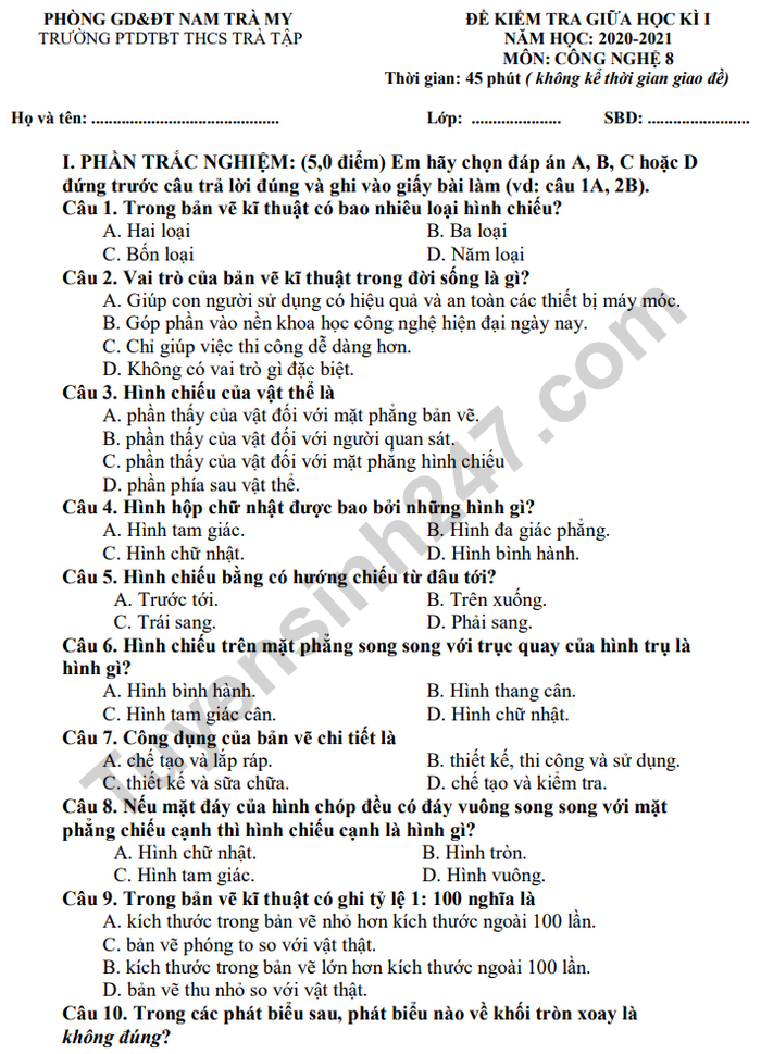 De kiem tra giua HK1 mon Cong nghe lop 8 Truong PTDTBT THCS Tra Tap 2020