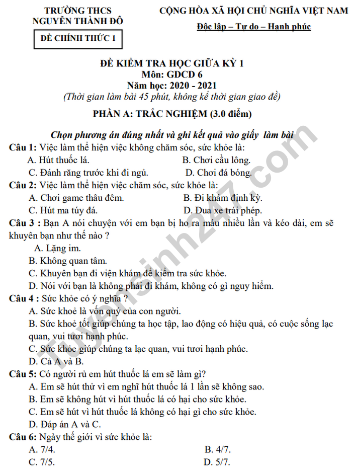 De kiem tra giua HK1 mon GDCD 6 THCS Nguyen Thanh Do 2020