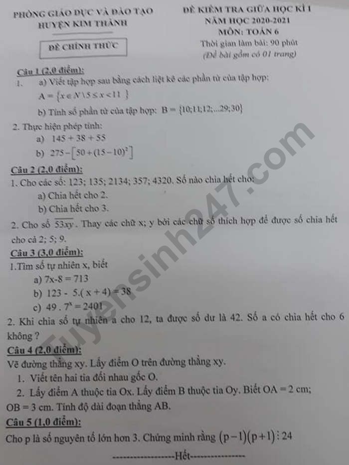 De kiem tra giua HK1 mon Toan lop 6 huyen Kim Thanh 2020
