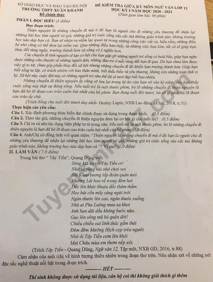 De kiem tra giua ki 1 mon Van lop 12 THPT Xuan Khanh 2020