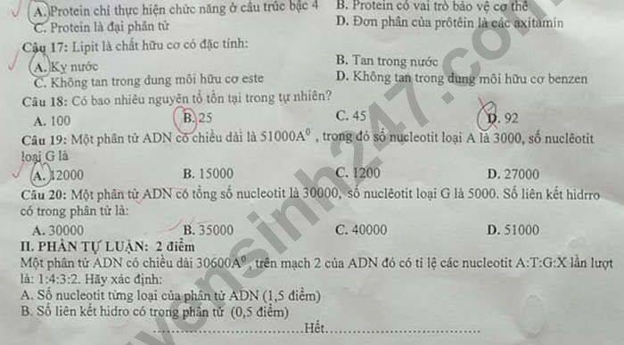 De kiem tra giua HK1 Sinh lop 10 nam 2020 THPT Le Hong Phong