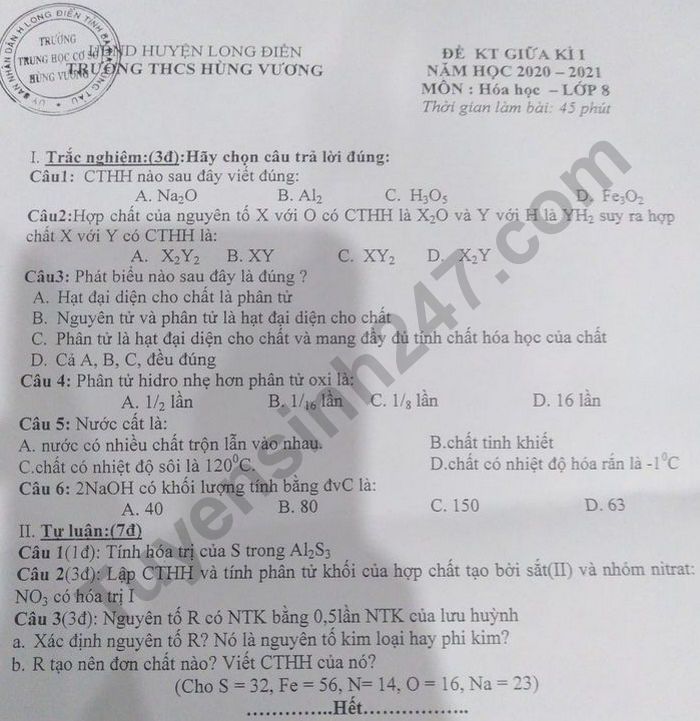 De kiem tra giua ki 1 mon Hoa lop 8 THCS Hung Vuong 2020