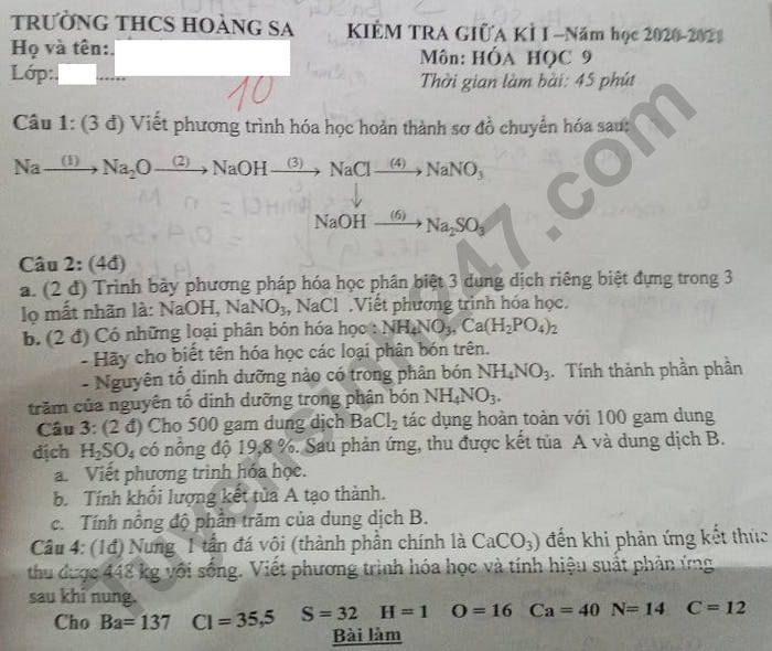 De kiem tra giua ki 1 THCS Hoang Sa nam 2020 mon Hoa lop 9
