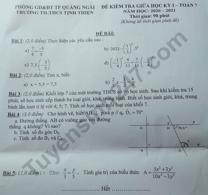 De kiem tra giua HK1 mon Toan lop 7 TH-THCS Tinh Thien 2020