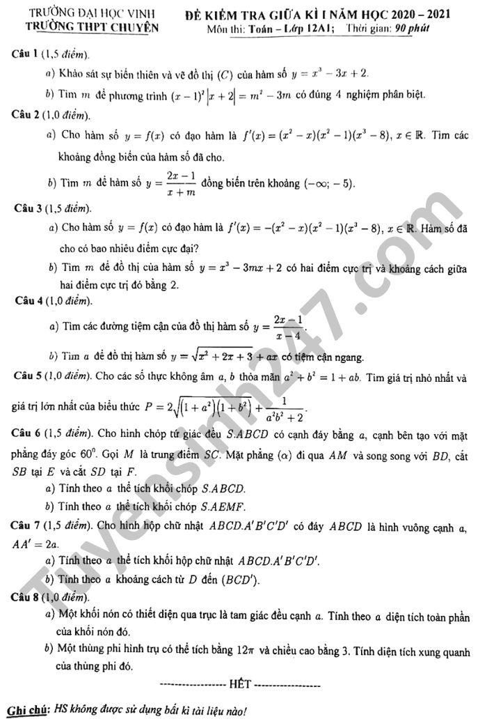 De kiem tra giua HK1 nam 2020 Toan lop 12 THPT chuyen DH Vinh