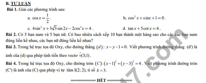 De kiem tra giua HK1 nam 2020 THPT Nguyen Hue mon Toan lop 11