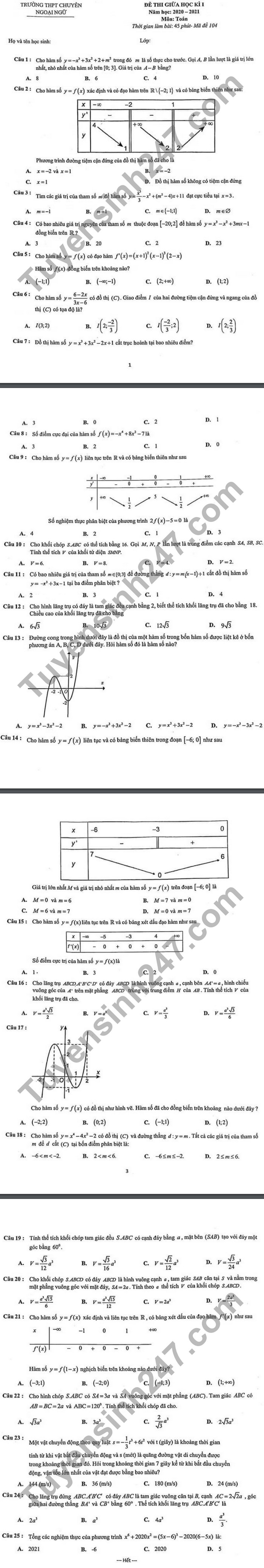 De kiem tra giua HK1 2020 THPT chuyen Ngoai Ngu Toan lop 12