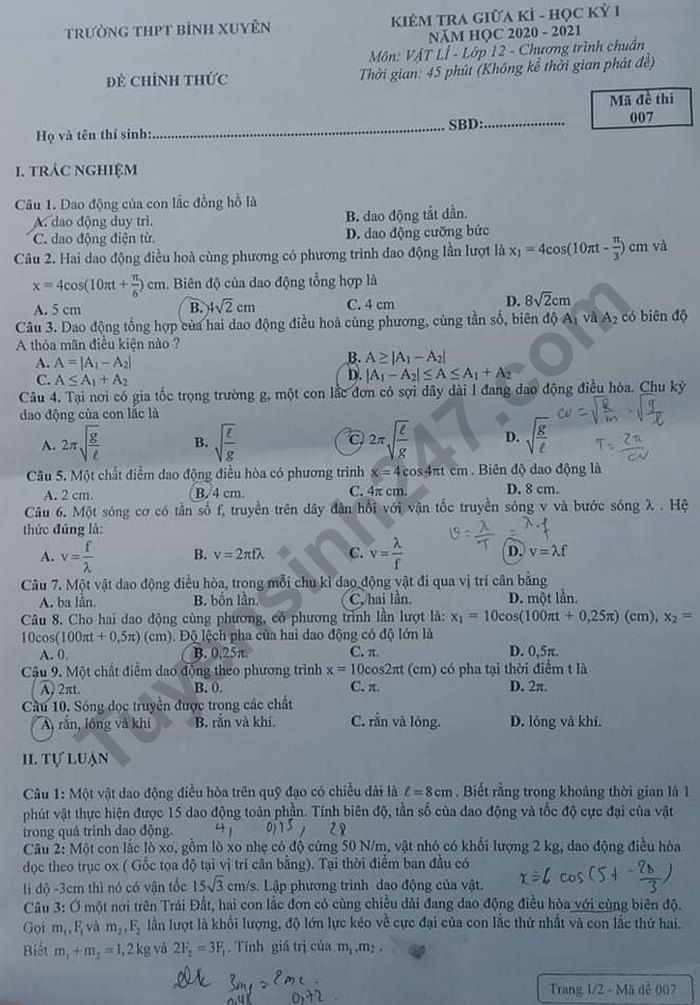 De kiem tra giua ki 1 THPT Binh Xuyen nam 2020 mon Vat Li 12