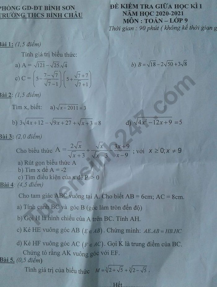 De kiem tra giua HK1 nam 2020 mon Toan lop 9 THCS Binh Chau