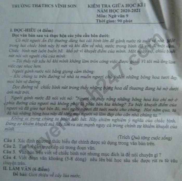 De kiem tra giua HK1 2020 lop 9 mon Van - TH&THCS Vinh Son
