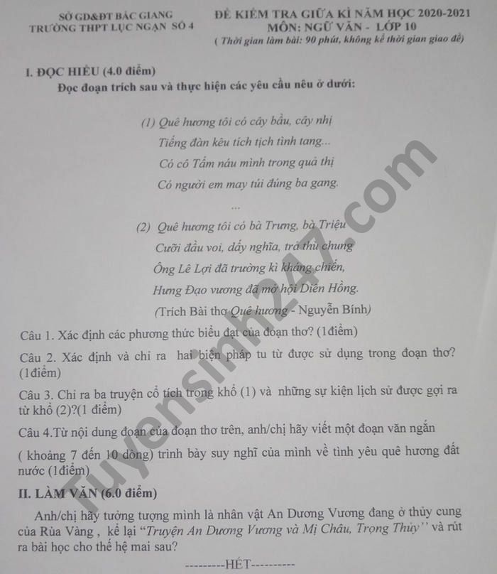 De kiem tra giua HK1 nam 2020 THPT Luc Ngan so 4 Van lop 10