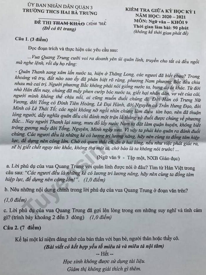 De kiem tra giua HK1 nam 2020 mon Van lop 9 THCS Hai Ba Trung