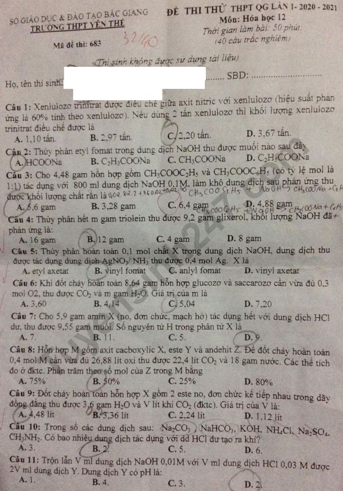 De thi thu Tot nghiep THPT 2021 lan 1 mon Hoa THPT Yen The