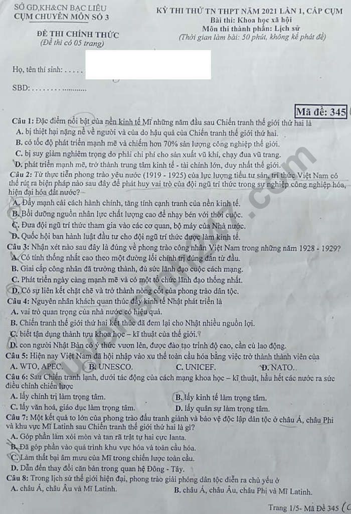 De thi thu Tot nghiep THPT 2021 lan 1 mon Su Cum chuyen mon so 3