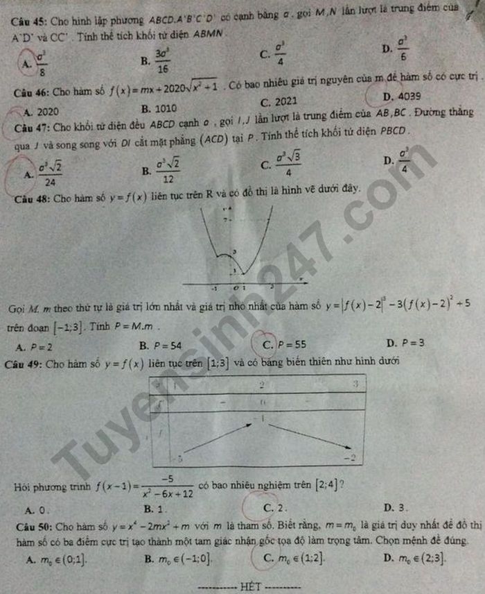 De thi thu THPT QG nam 2021 lan 1 mon Toan 12 THPT Yen The