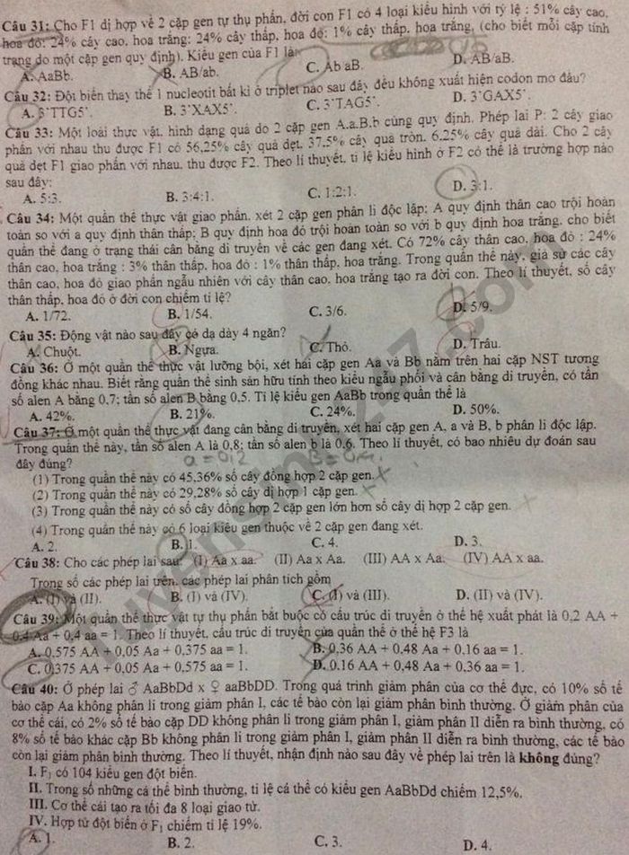 De thi thu THPT Quoc gia 2021 lan 1 mon Sinh 12 THPT Yen The