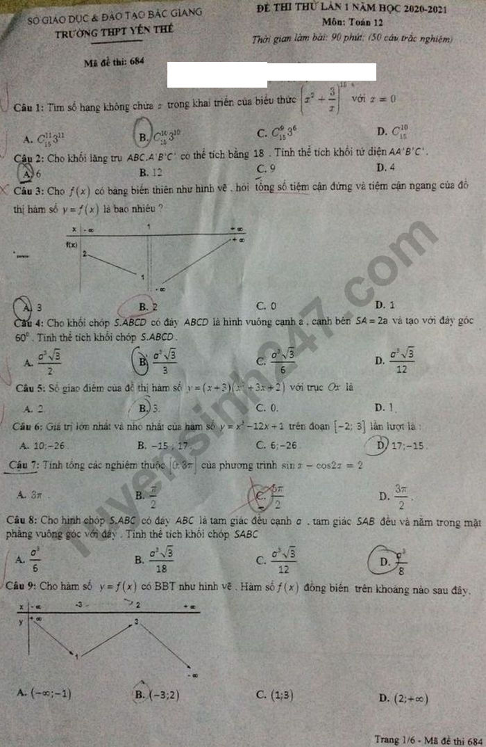 De thi thu THPT QG nam 2021 lan 1 mon Toan 12 THPT Yen The