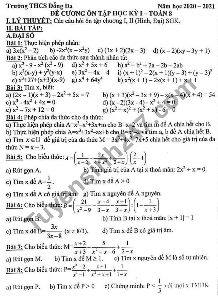 De cuong on tap HK1 2020 THCS Dong Da mon Toan lop 8