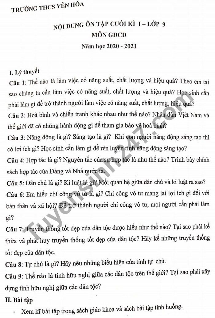 De cuong on tap HK1 mon GDCD lop 9 nam 2020 - THCS Yen Hoa