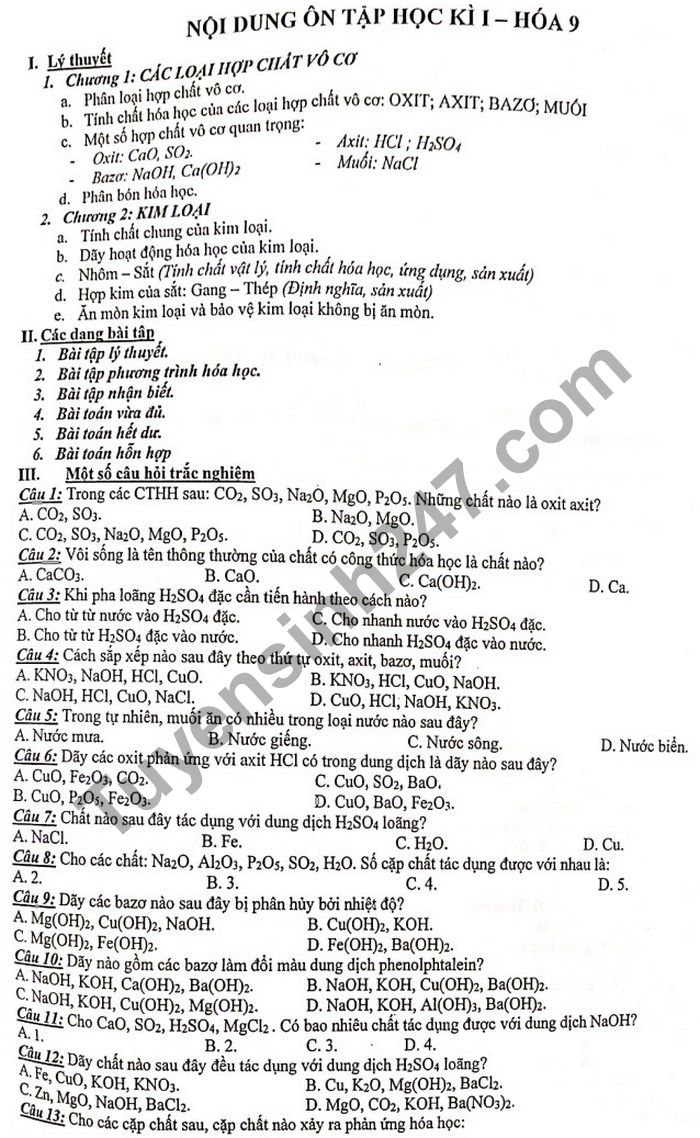 De cuong on tap hoc ki 1 mon Hoa lop 9 - THCS Yen Hoa 2020