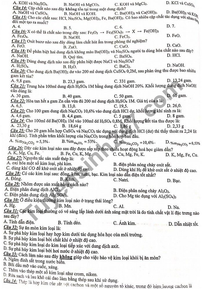 De cuong on tap hoc ki 1 mon Hoa lop 9 - THCS Yen Hoa 2020