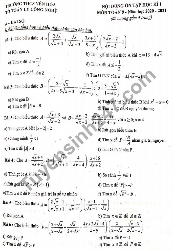 De cuong on tap hoc ki 1 lop 9 mon Toan THCS Yen Hoa 2020