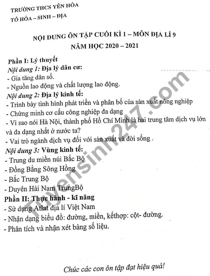 De cuong on tap HK1 2020 mon Dia lop 9 - THCS Yen Hoa