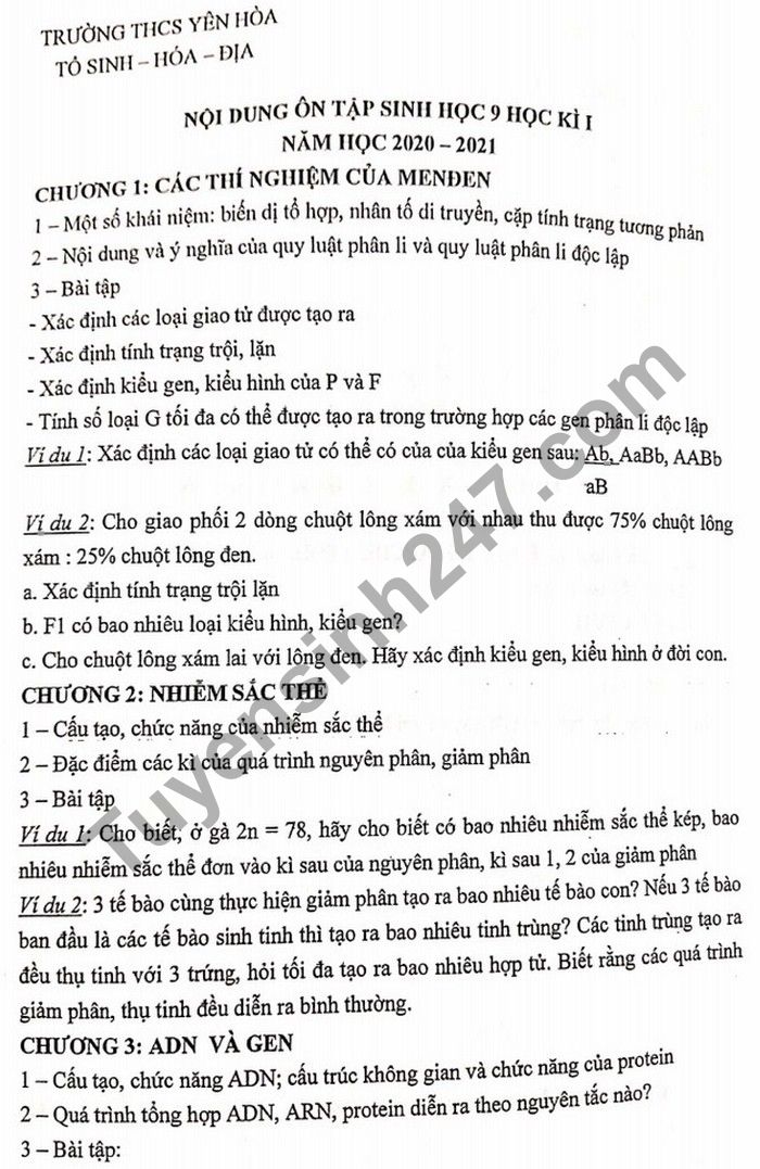 De cuong on tap HK1 nam 2020 THCS Yen Hoa mon Sinh lop 9