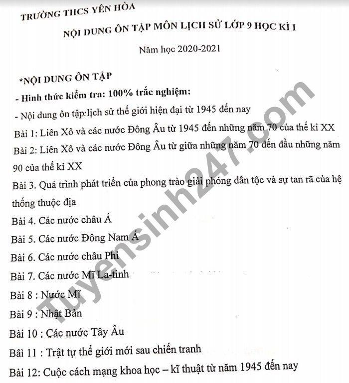 De cuong on tap hoc ki 1 mon Su lop 9 THCS Yen Hoa nam 2020