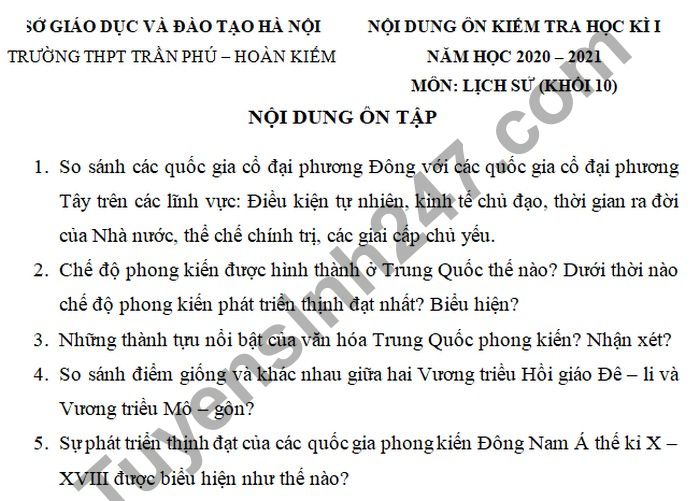 De cuong on tap HK1 mon Su lop 10 THPT Tran Phu - Hoan Kiem 2020