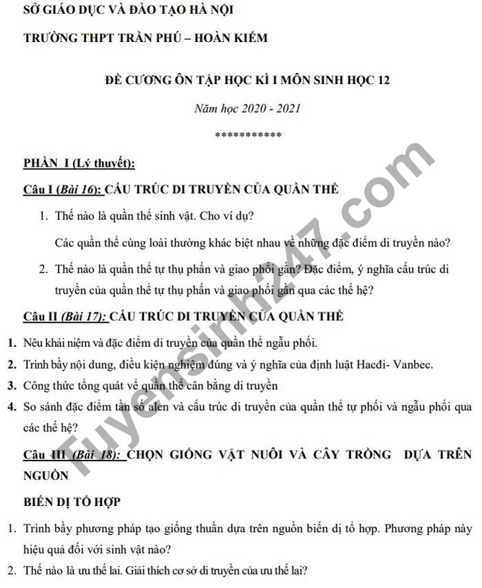De cuong on tap ki 1 THPT Tran Phu - Hoan Kiem lop 12 mon Sinh 2020