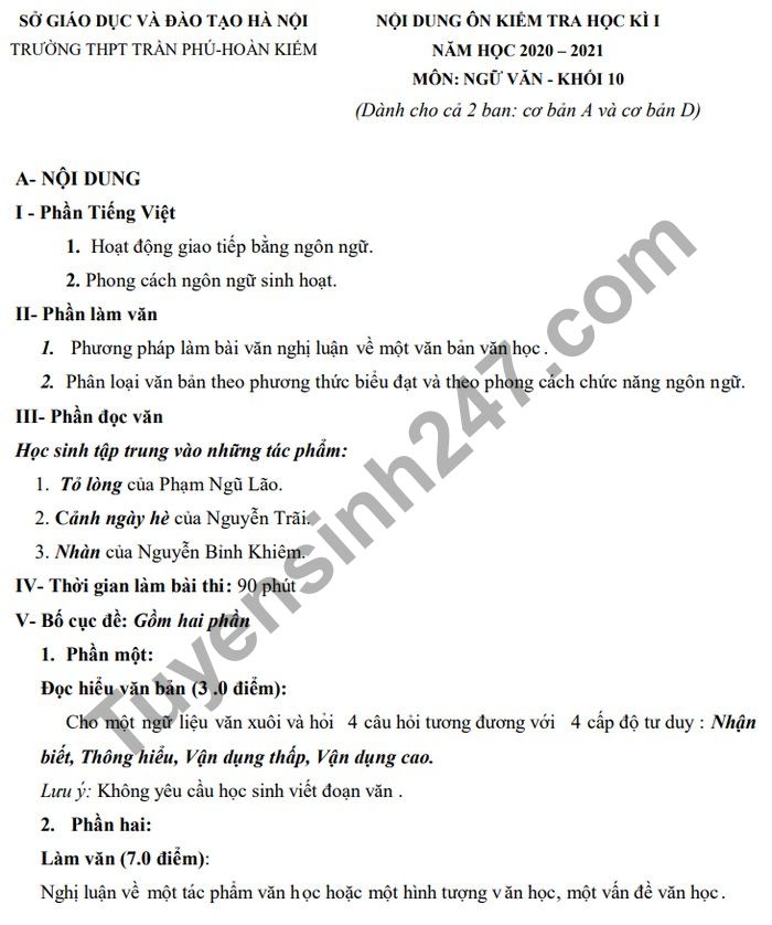 De cuong on tap ki 1 mon Van 10 THPT Tran Phu - Hoan Kiem 2020