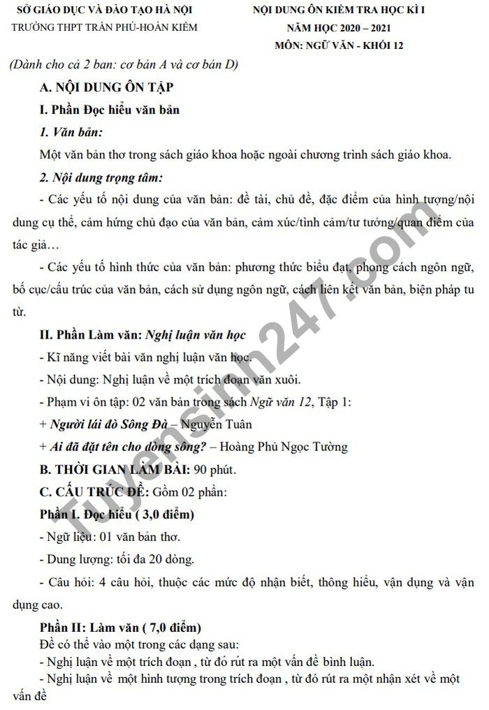 De cuong on tap HK1 2020 mon Van 12 THPT Tran Phu - Hoan Kiem