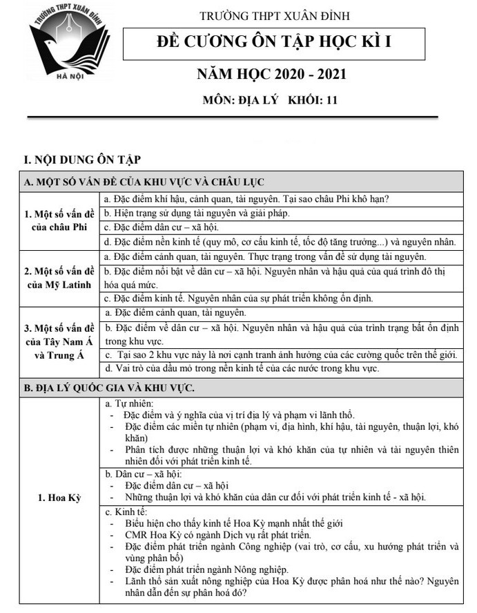 De cuong HK1 nam 2020 lop 11 mon Dia THPT Xuan Dinh