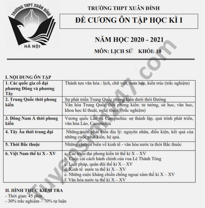 De cuong HK1 THPT Xuan Dinh mon Su lop 10 nam 2020