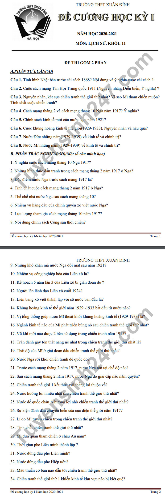 De cuong HK1 nam 2020 lop 11 mon Su THPT Xuan Dinh