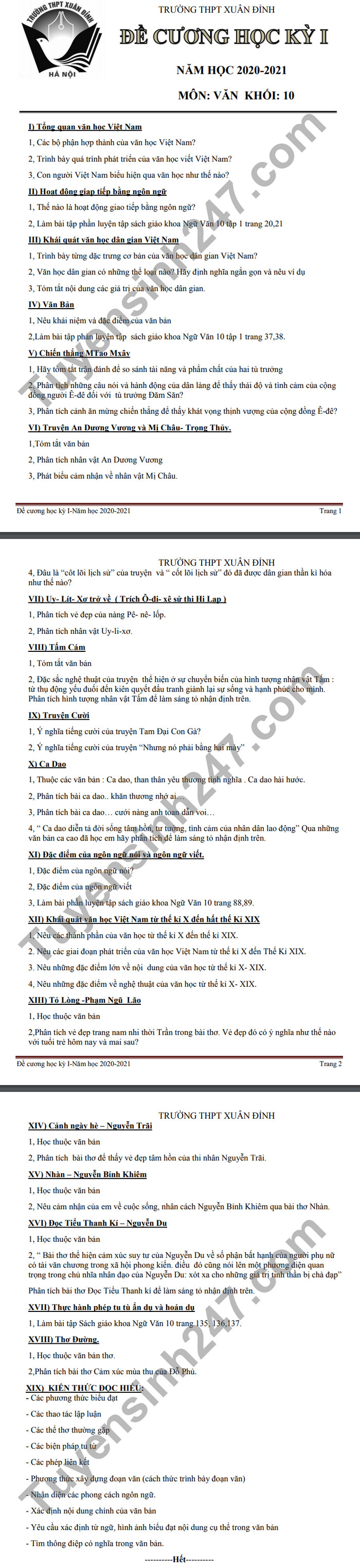 De cuong HK1 nam 2020 mon Van lop 10 THPT Xuan Dinh