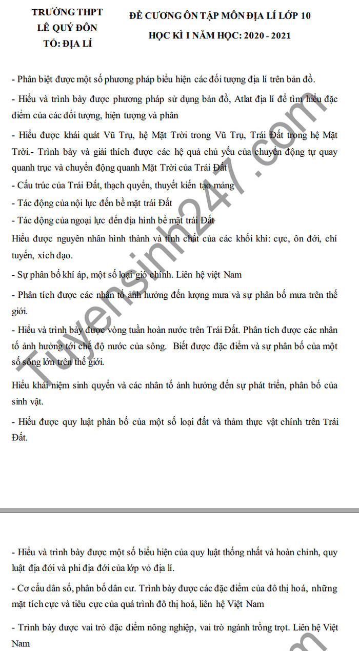 De cuong HK1 THPT Le Quy Don nam 2020 mon Dia lop 10