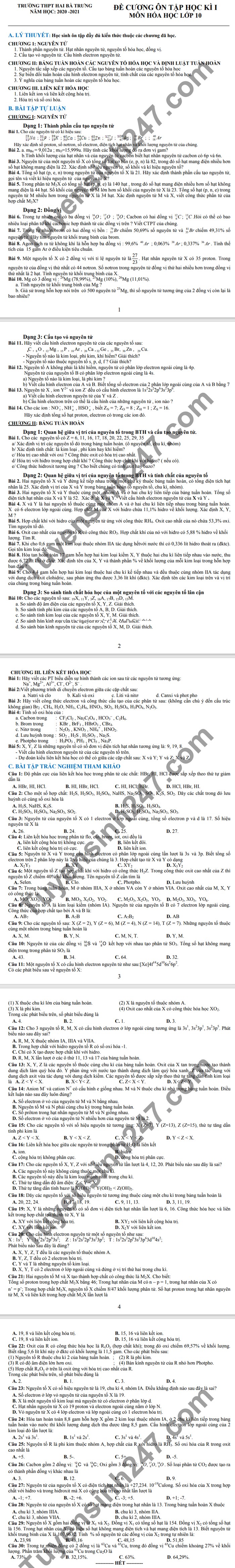 De cuong on tap ki 1 mon Hoa lop 10 THPT Hai Ba Trung 2020