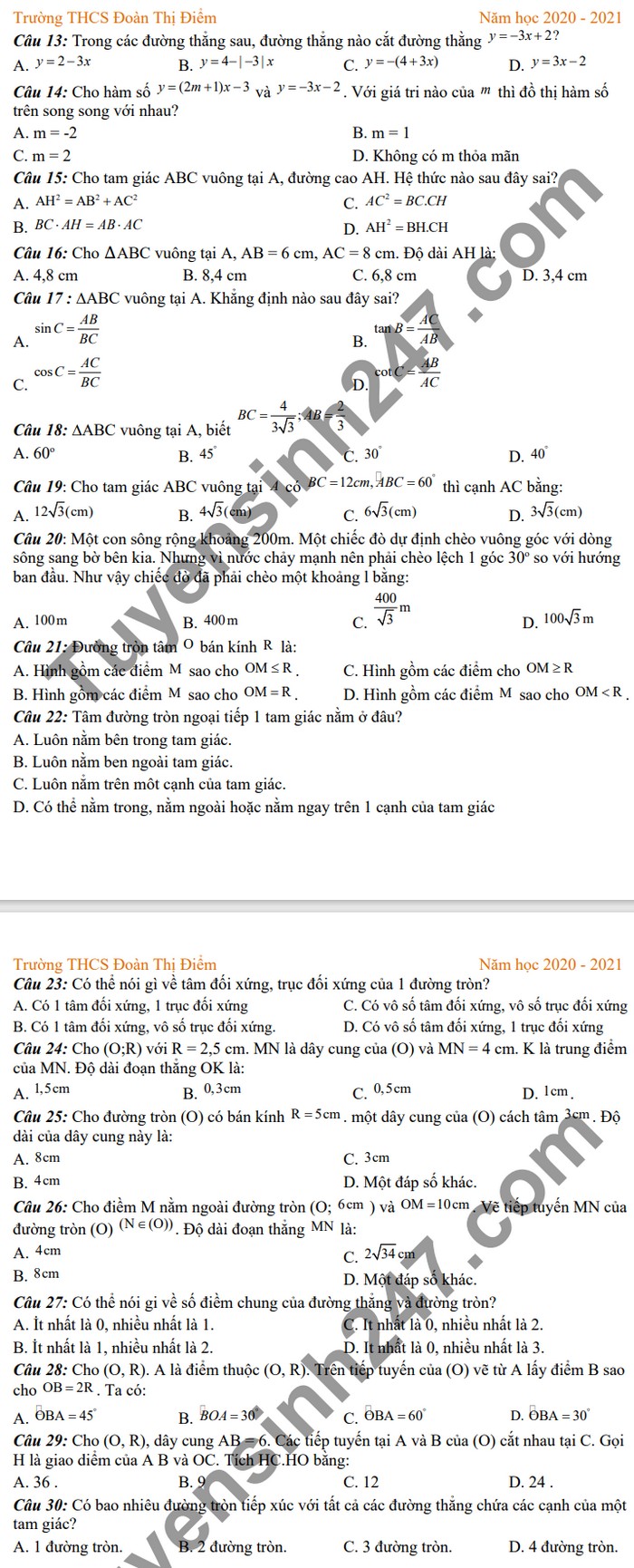De cuong on tap HK1 mon Toan lop 9 THCS Doan Thi Diem 2020
