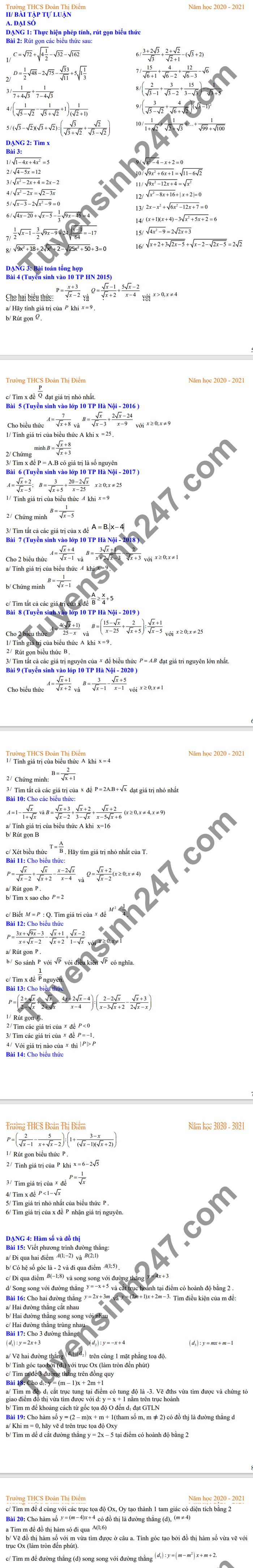 De cuong on tap HK1 mon Toan lop 9 THCS Doan Thi Diem 2020