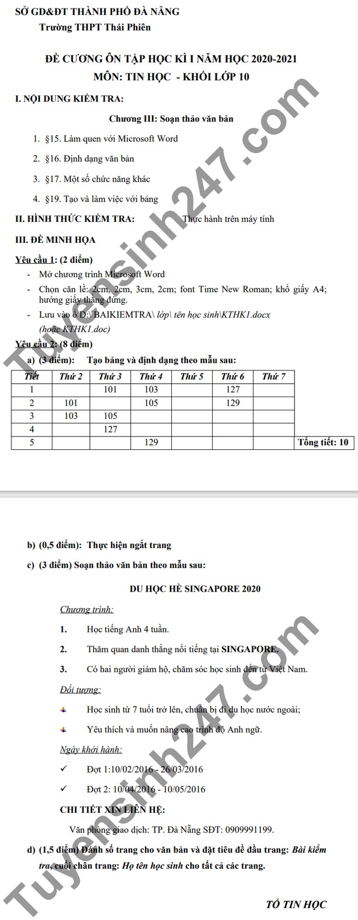 De cuong on tap ki 1 nam 2020 mon Tin lop 10 THPT Thai Phien